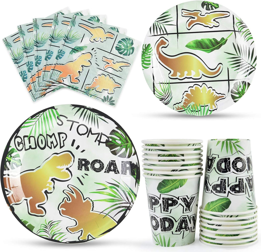 Dinosaur Party Tableware Set Kids 16 Guests 64pcs Gold Birthday Decor WERNNSAI