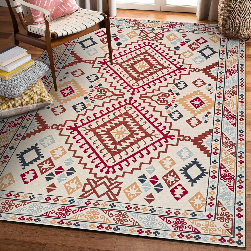 Washable Area Rug Yonker Non Slip Non Shedding Red Brown Beige Green Decore