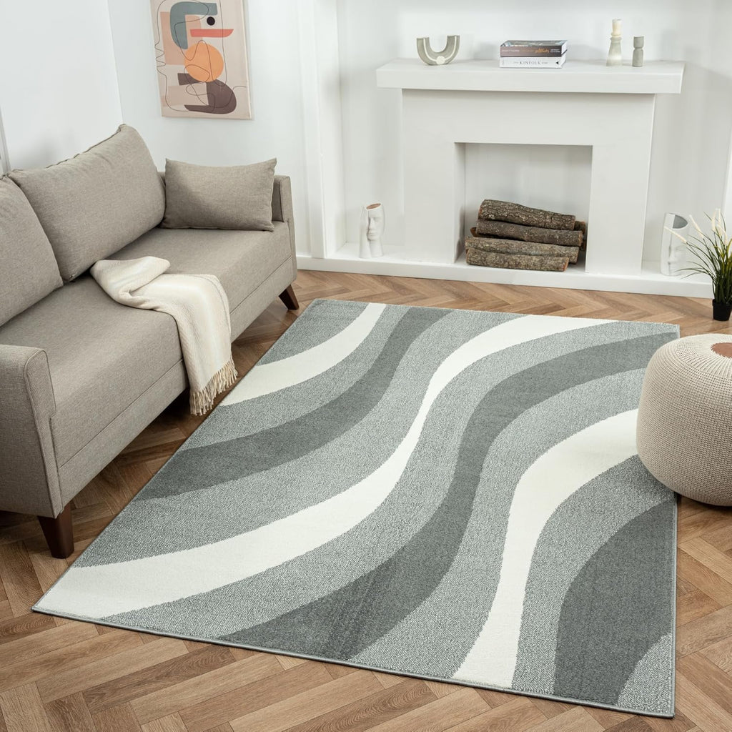 Area Rug 160x230cm Large Swirl Pattern Short Pile Living Room Rug Natural