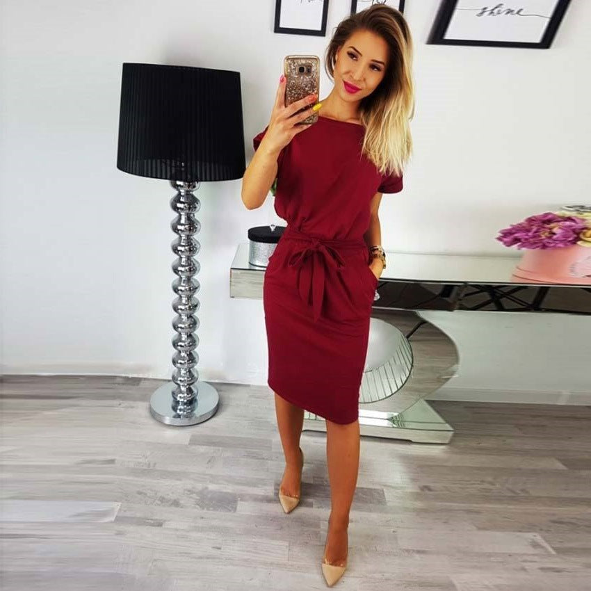 Summer Fashion Women Casual Short Sleeve O-Neck Straight Black Gray Blue Dress Loose Plus Size Pocket Cotton Midi Dress