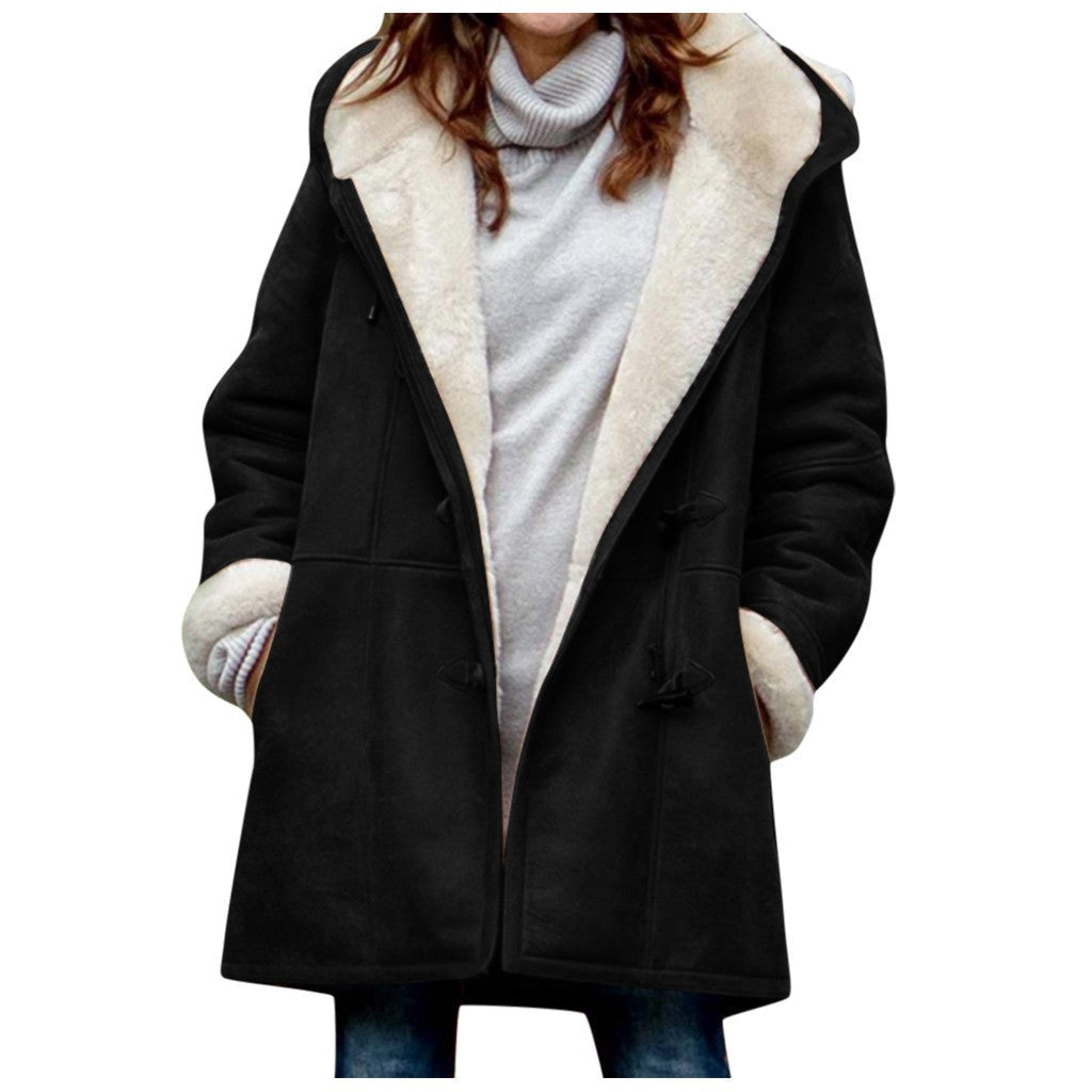 Women's Vintage Fleece Hooded Coat - Warm Button Mid-Length Winter Jacket