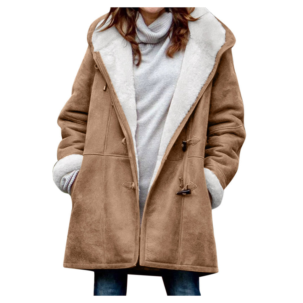 Women's Vintage Fleece Hooded Coat - Warm Button Mid-Length Winter Jacket