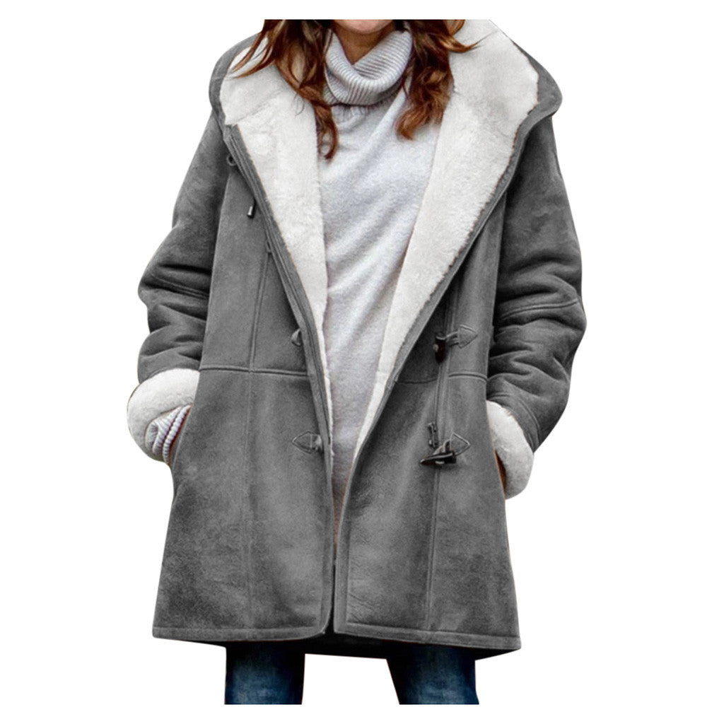 Women's Vintage Fleece Hooded Coat - Warm Button Mid-Length Winter Jacket