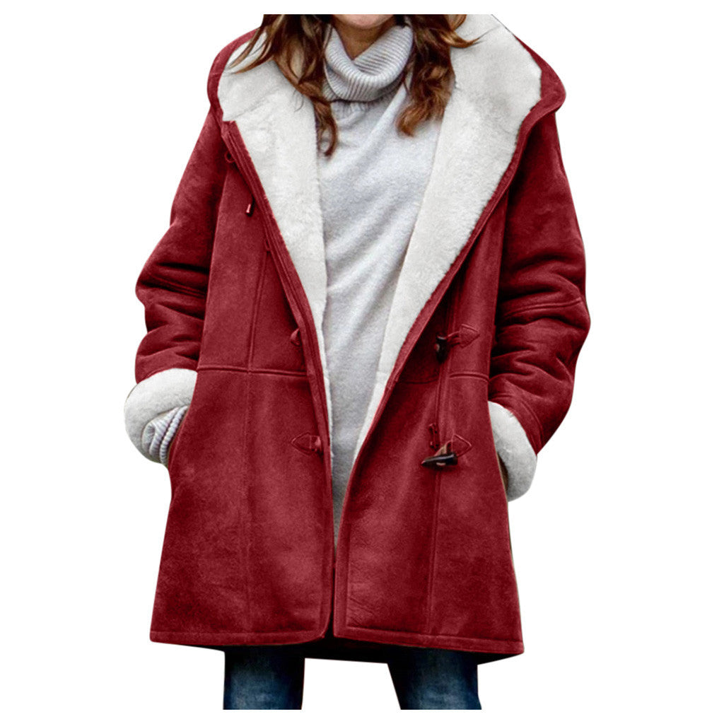 Women's Vintage Fleece Hooded Coat - Warm Button Mid-Length Winter Jacket