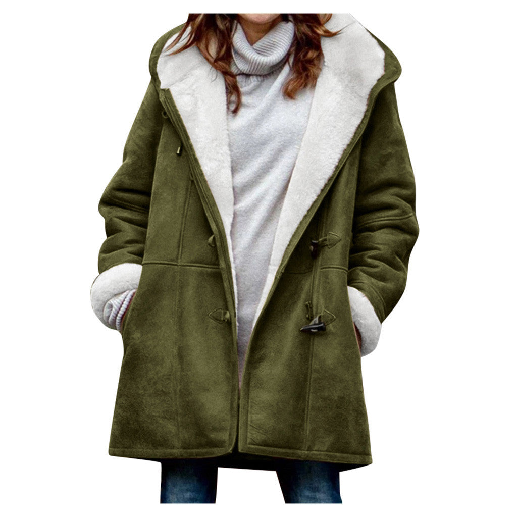 Women's Vintage Fleece Hooded Coat - Warm Button Mid-Length Winter Jacket