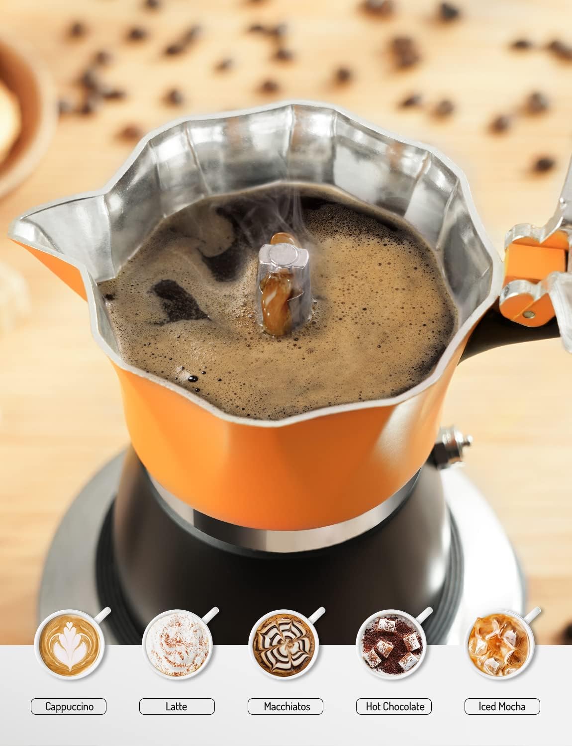 Stovetop Coffee Maker Italian Espresso Moka Pot Transparent Lid Orange TWOMEOW