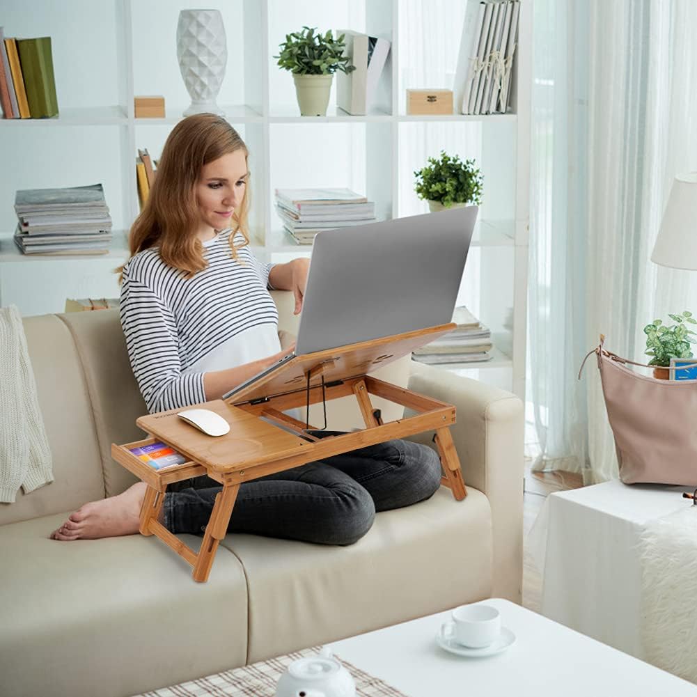 Laptop Bed Tray Bamboo Adjustable Lap Desk with Drawer Cup Slot and Vent Ejoyous