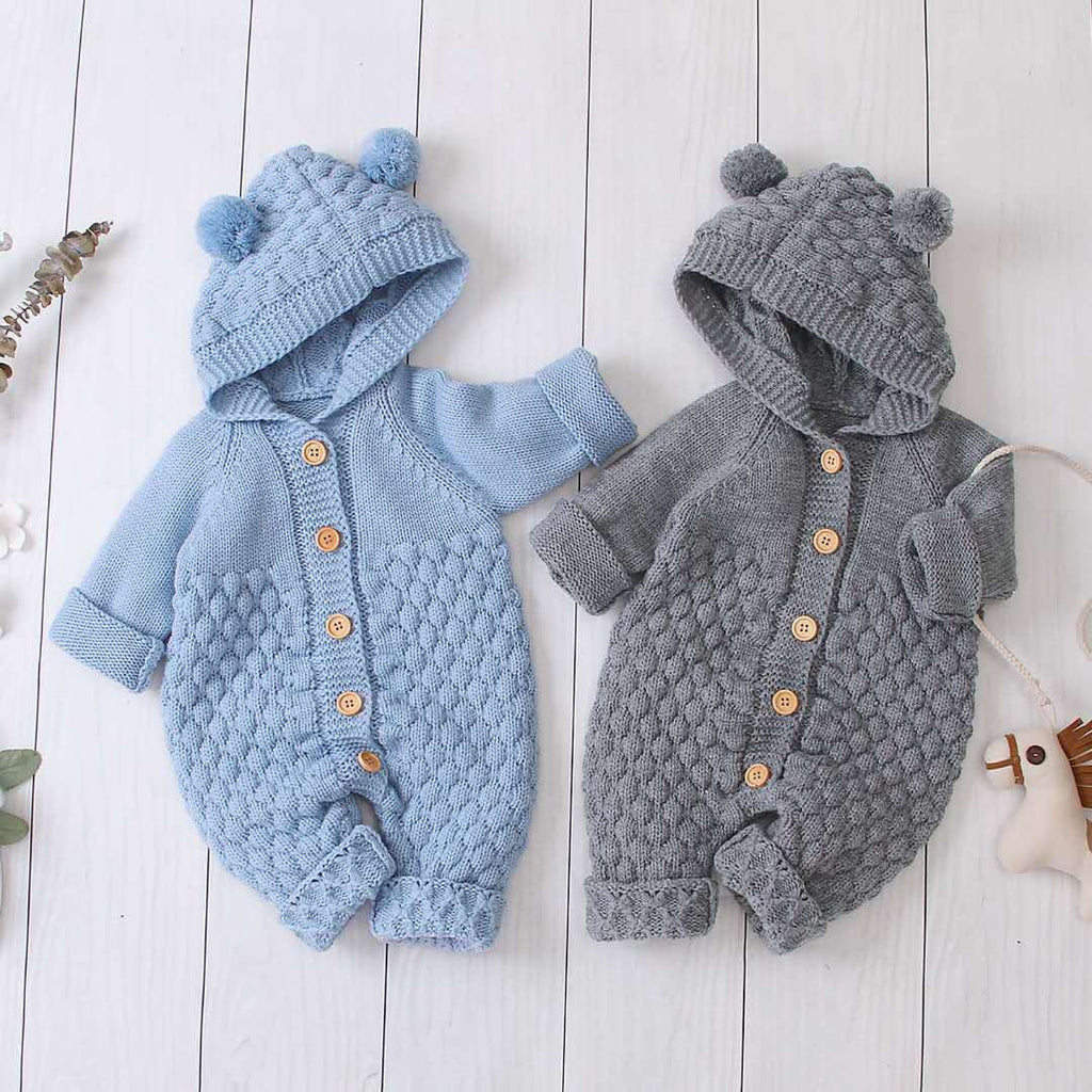 Baby Knitted Hooded Romper - Sleeveless Unisex Bodysuit