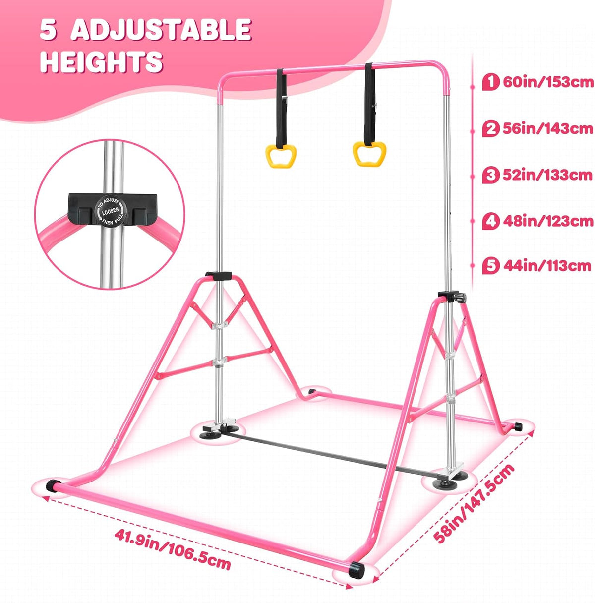 Kids Gymnastics Horizontal Bar Adjustable Foldable With Rings Indoor Outdoor