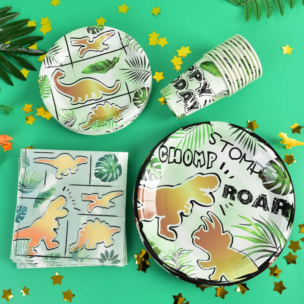 Dinosaur Party Tableware Set Kids 16 Guests 64pcs Gold Birthday Decor WERNNSAI