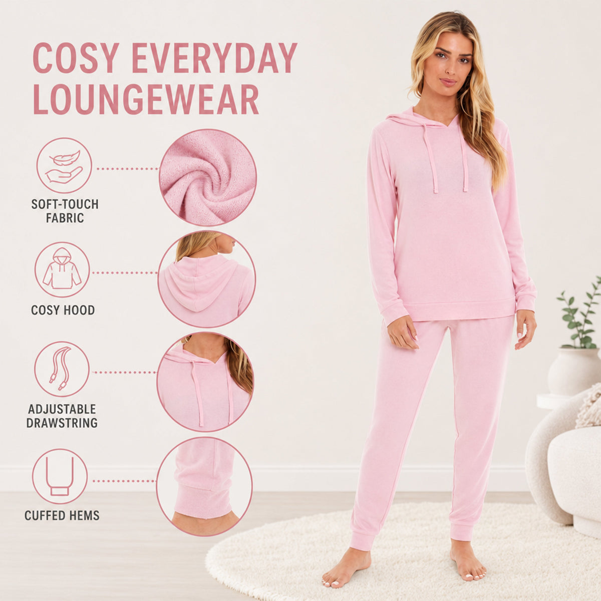 Daisy Dreamer Hooded Pyjama Set Womens Pink Grey Long Sleeve Hoodie and Pants