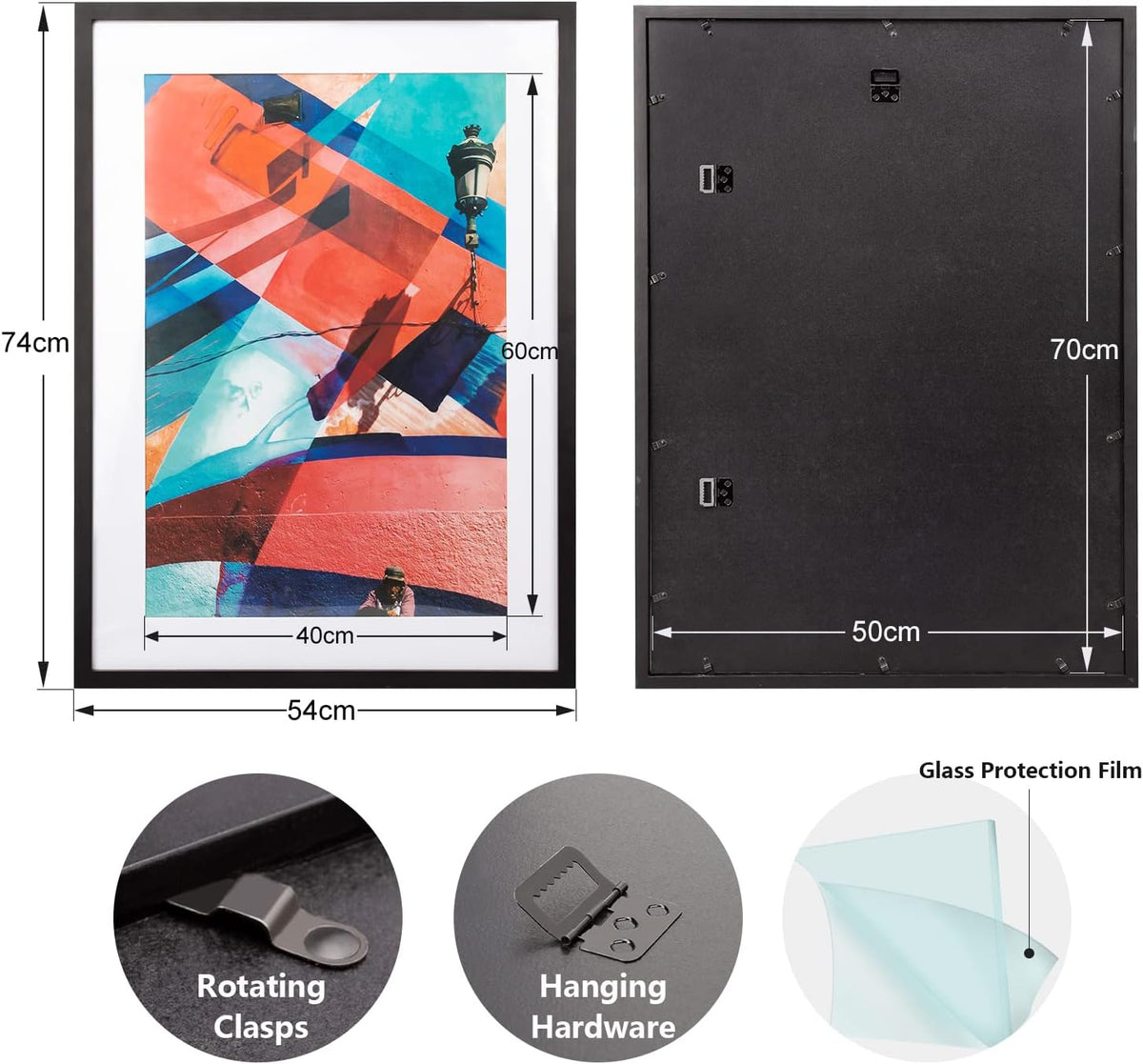 Poster Frame 50x70cm Black Solid Wood Picture Frame Plexiglass Display HOHIYO
