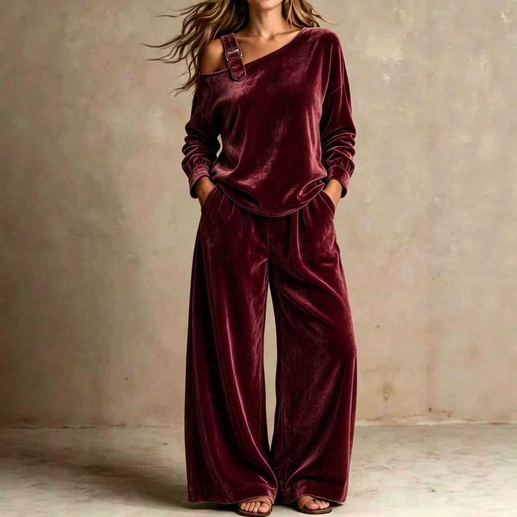 Women's Velvet Two-Piece Set - Off-Shoulder Top and Trousers Loungewear