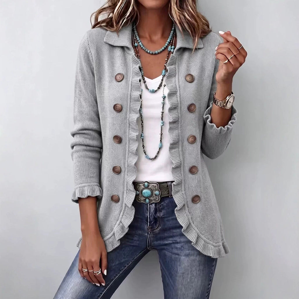 Women's Ruffle Knit Cardigan - Button-Front Long-Sleeve Sweater Jacket for Spring and Autumn