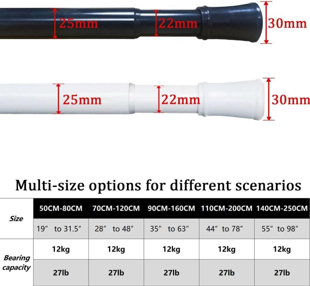 Tension Curtain Rod 70-120cm Black 2 Pack Spring Loaded Net Curtain Pole