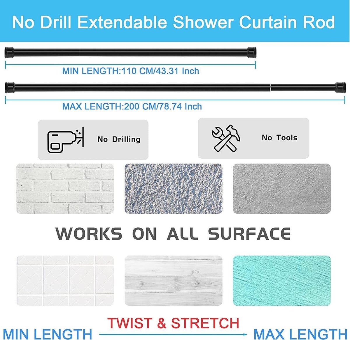 Shower Curtain Rod Extendable No Screws 2PCS 50-80cm Window Doorway