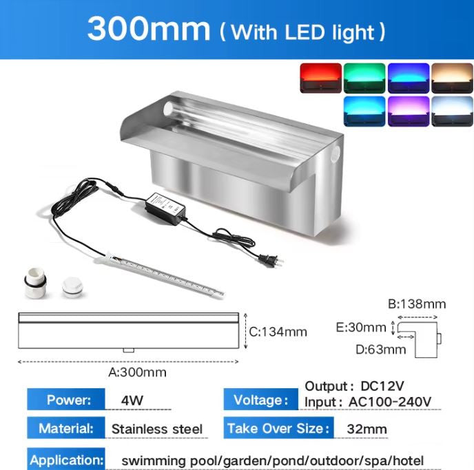 Pool Waterfall Fountain with LED Light Stainless Steel Rectangular Spa Cascade