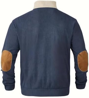 Retro Colorblock Knitted Ribbed Sweater, Neutral Tones,Men's Casual Warm Stand Collar Pullover Sweater for Fall Winter,Blue