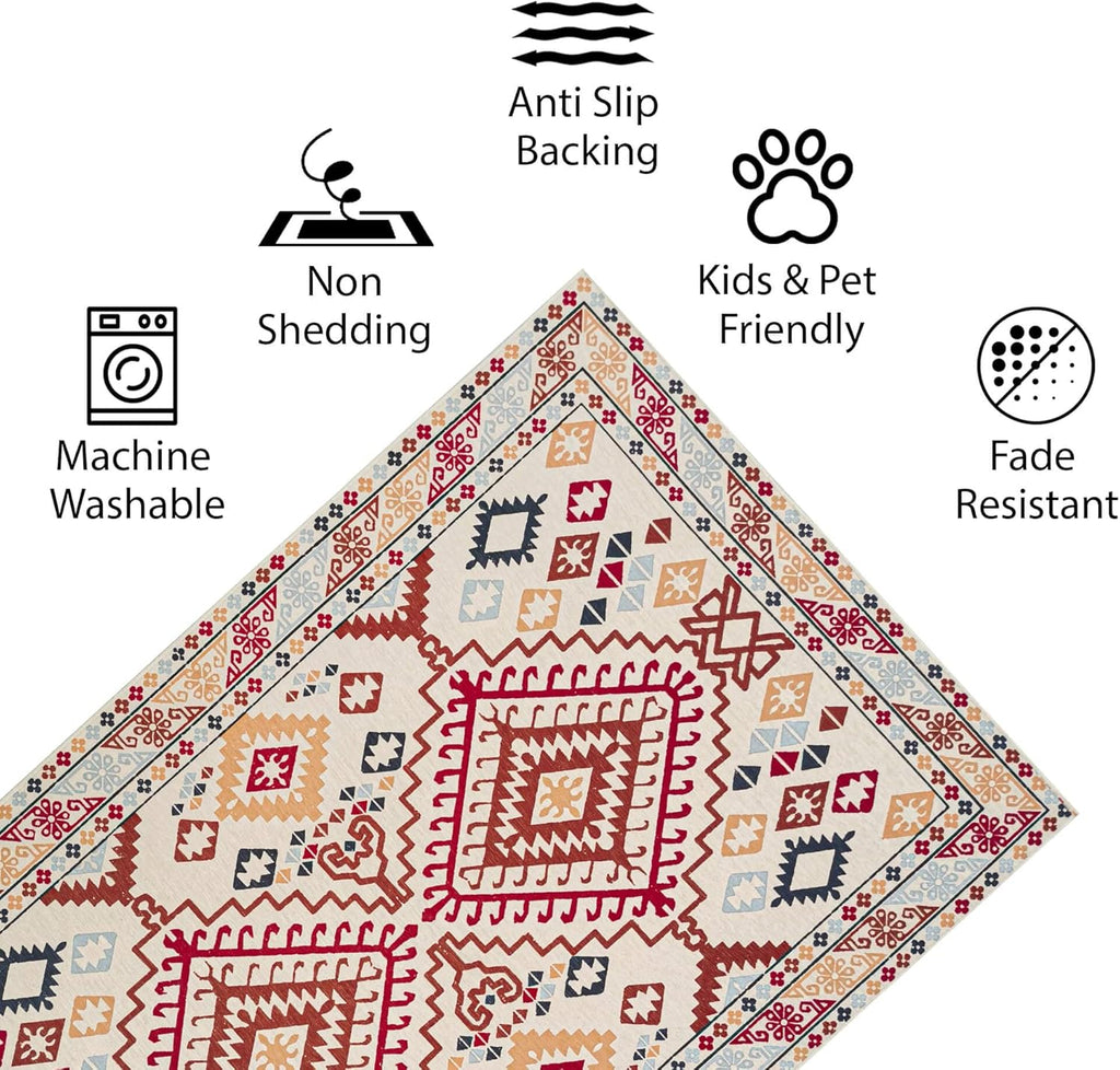 Washable Area Rug Yonker Non Slip Non Shedding Red Brown Beige Green Decore