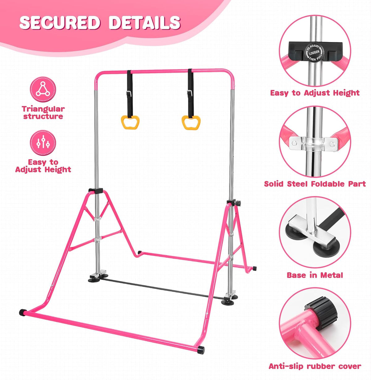 Kids Gymnastics Horizontal Bar Adjustable Foldable With Rings Indoor Outdoor