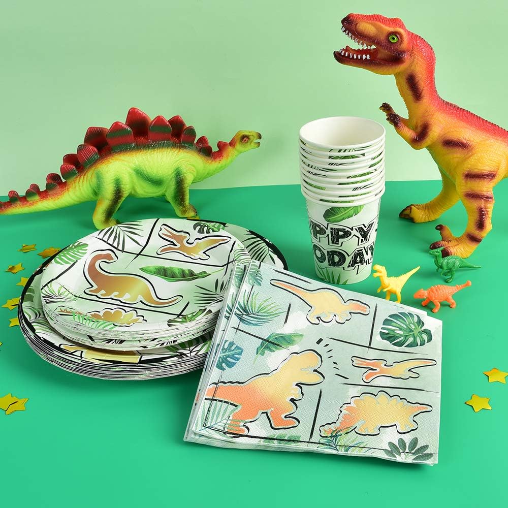 Dinosaur Party Tableware Set Kids 16 Guests 64pcs Gold Birthday Decor WERNNSAI