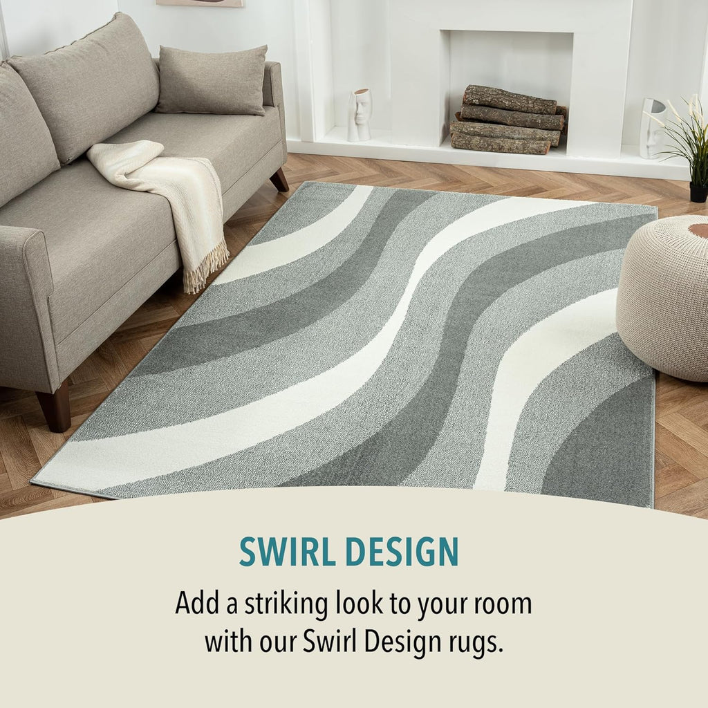 Area Rug 160x230cm Large Swirl Pattern Short Pile Living Room Rug Natural