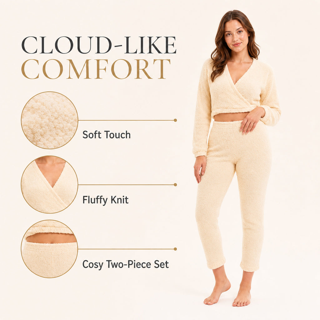 Daisy Dreamer Women's Teddy Fleece Loungewear Set With Long Sleeve Wrap Top And Stretch