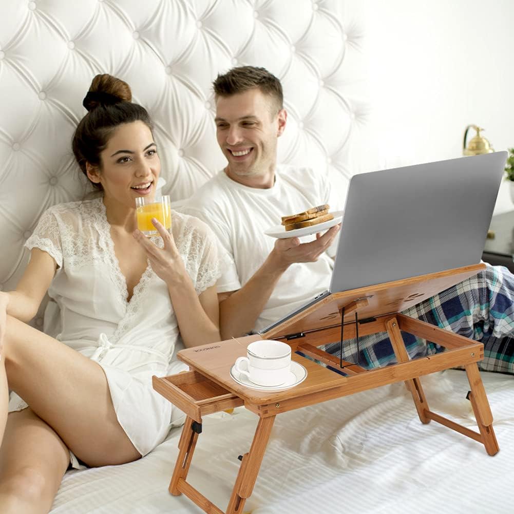 Laptop Bed Tray Bamboo Adjustable Lap Desk with Drawer Cup Slot and Vent Ejoyous