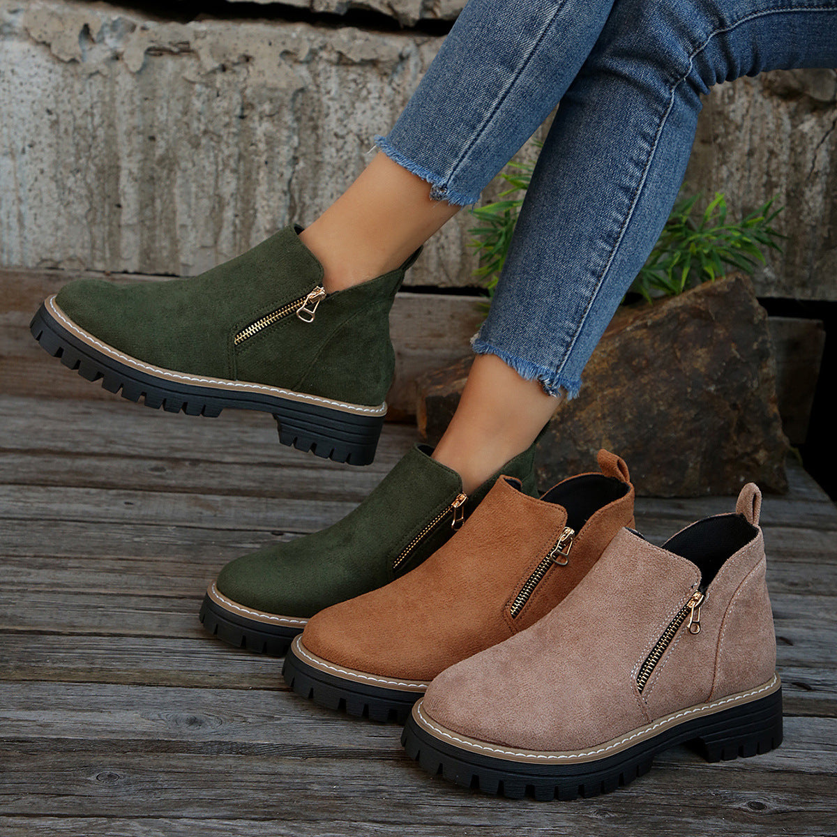 Women's Chunky Suede Ankle Boots - Side Zip Autumn Winter Boots