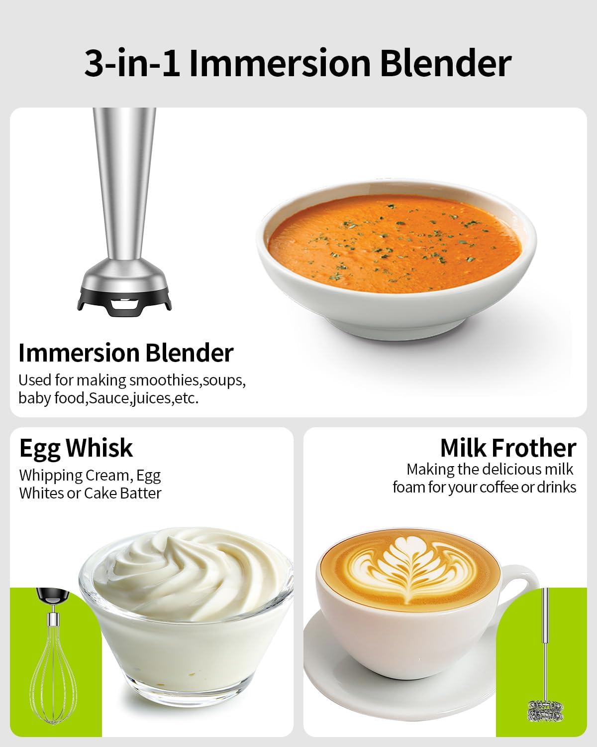 Shardor Hand Blender 3 in 1 1100W 20 Speed Turbo Stick with Whisk & Milk Frother