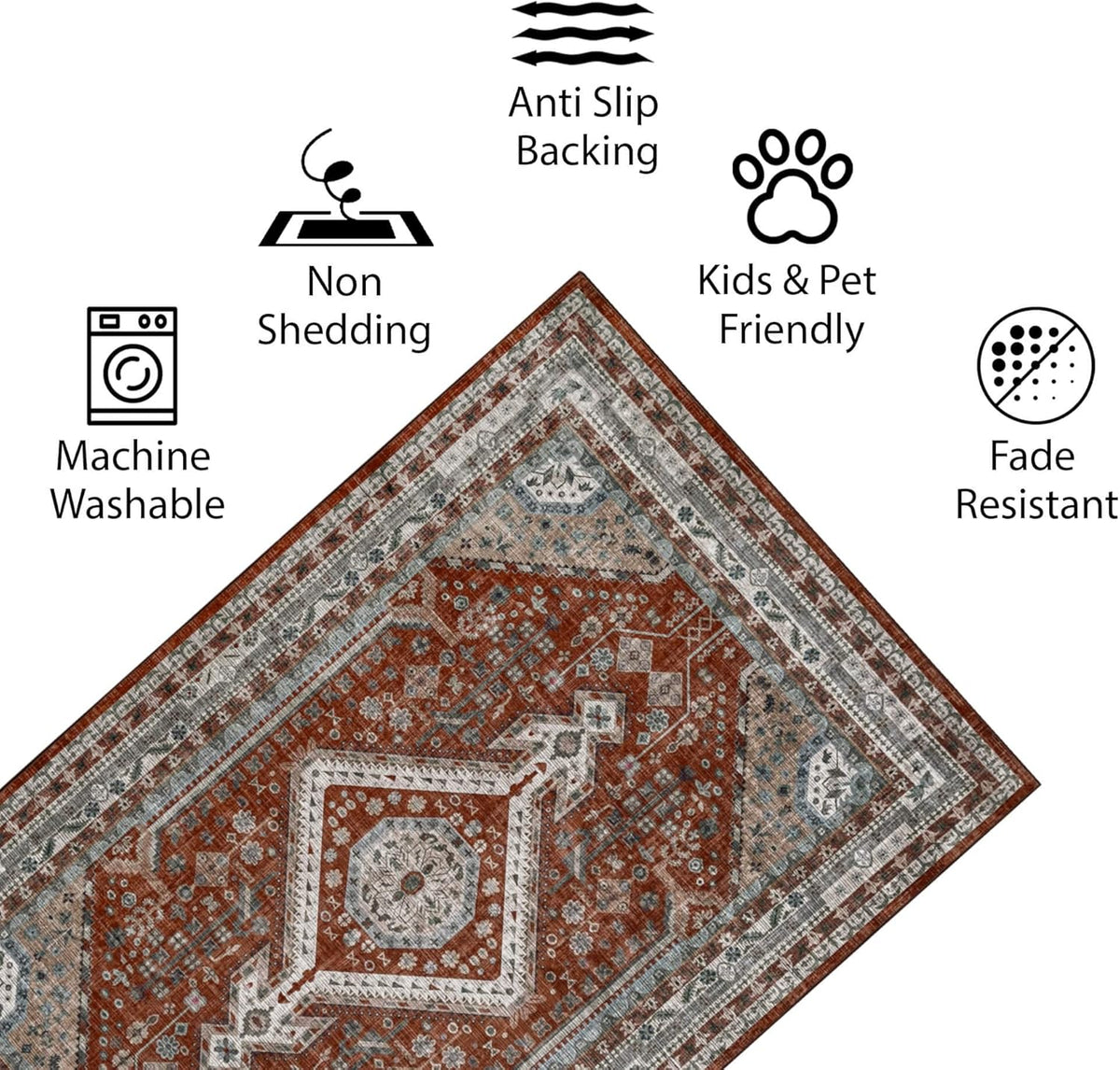 Washable Area Rug 152x213cm Non Slip Non Shedding Red Blue Vernal