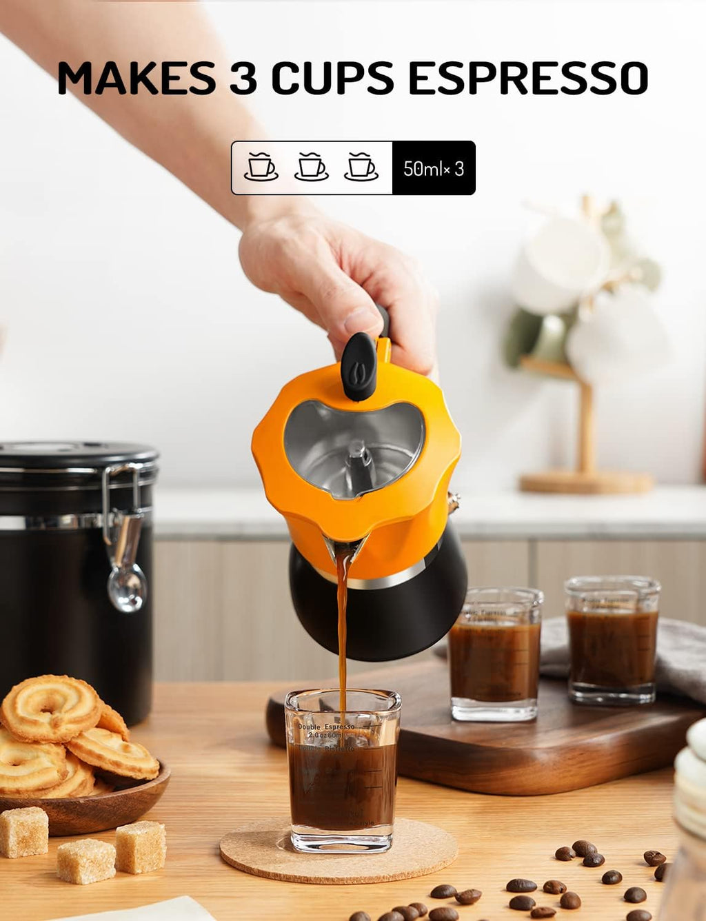 Stovetop Coffee Maker Italian Espresso Moka Pot Transparent Lid Orange TWOMEOW
