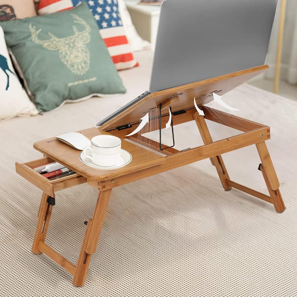 Laptop Bed Tray Bamboo Adjustable Lap Desk with Drawer Cup Slot and Vent Ejoyous