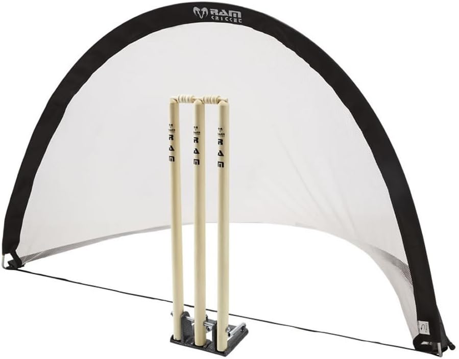 Ram Cricket pop-up ball stop net. Quick setup, portable for multi-sport use