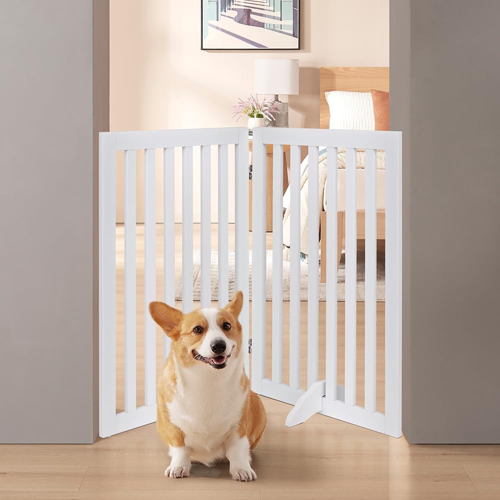 Dog Gate Freestanding 91cm Foldable Pet Barrier Room Divider White unipaws