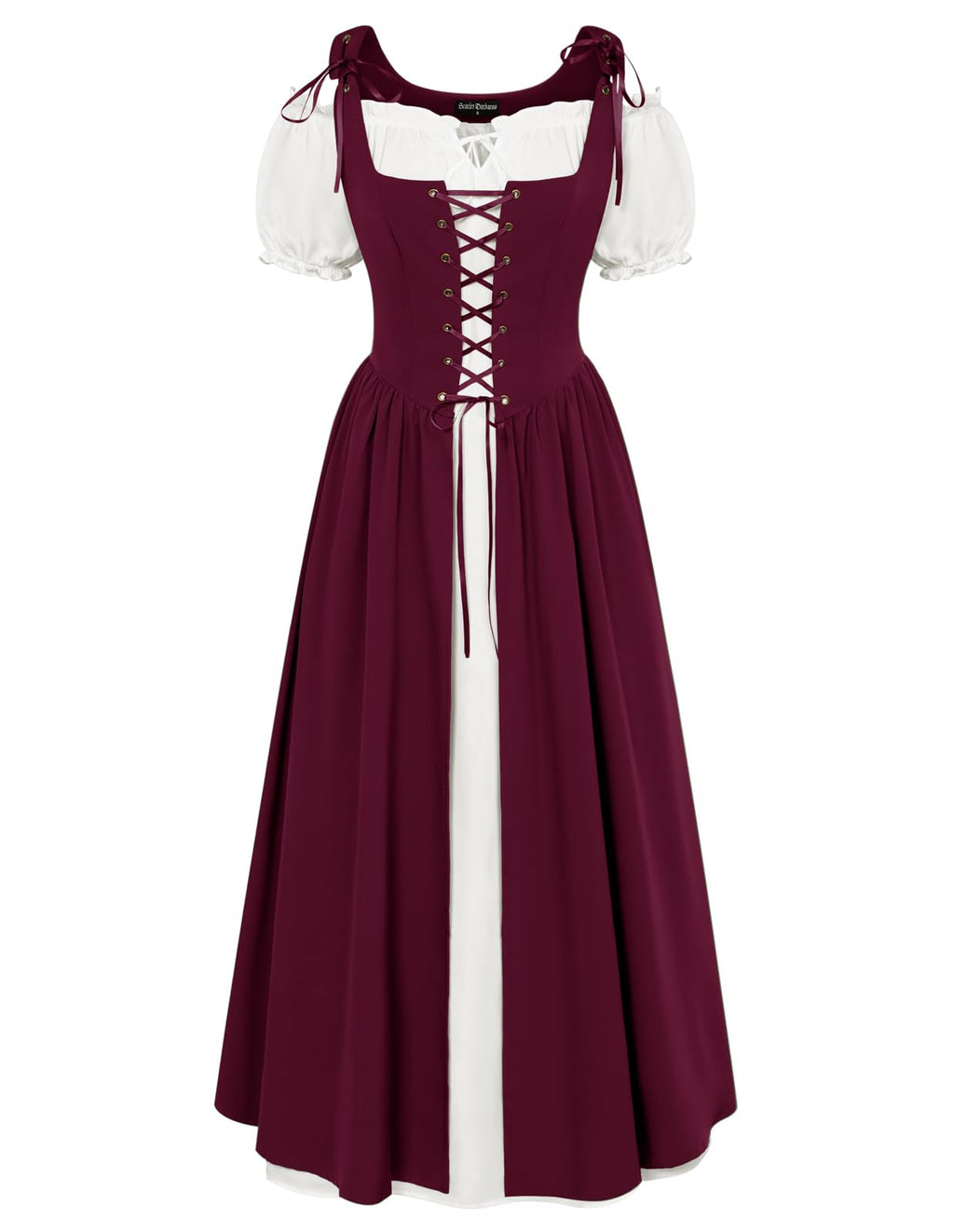 SCARLET DARKNESS Women 2Pcs Renaissance Maxi Dresses Off Shoulder Short Sleeve Lace-up Irish Costume with Over Dress