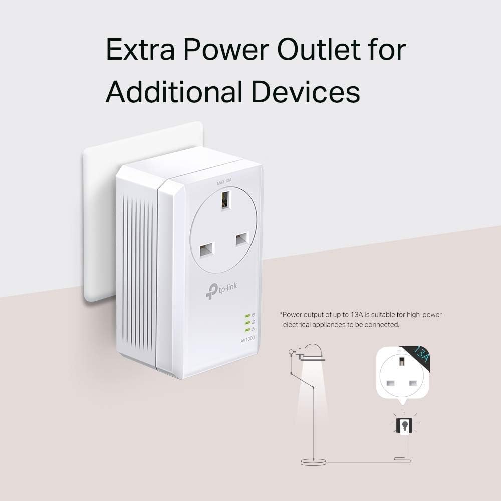 TP-Link TL-PA7017P KIT 1-Port Gigabit Passthrough Powerline Starter Kit, Data transfer speed Up To 1000 Mbps, Ideal for HD/3D/4K video streaming UK Plug (Renewed)