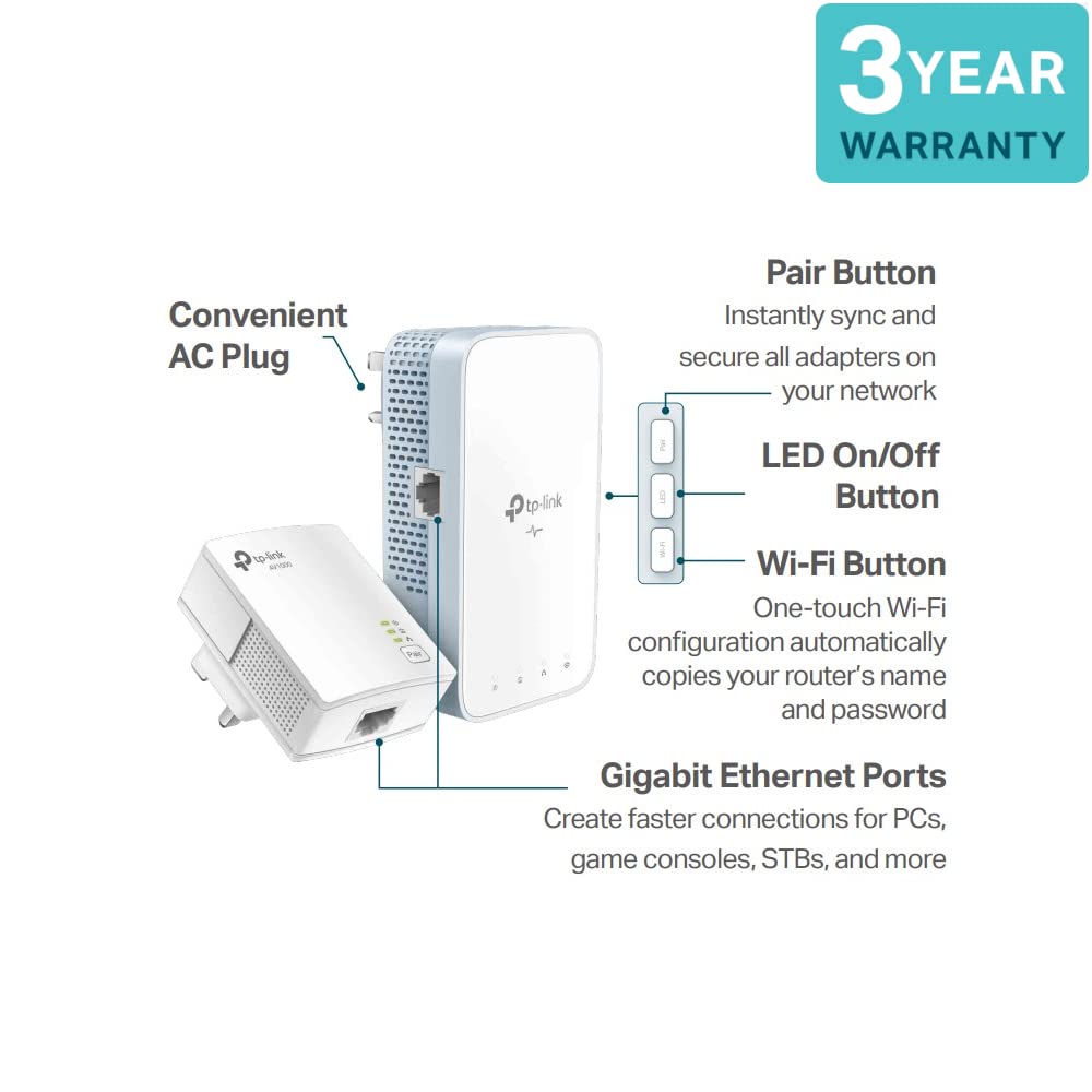 TP-Link TL-PA7017P KIT 1-Port Gigabit Passthrough Powerline Starter Kit, Data transfer speed Up To 1000 Mbps, Ideal for HD/3D/4K video streaming UK Plug (Renewed)