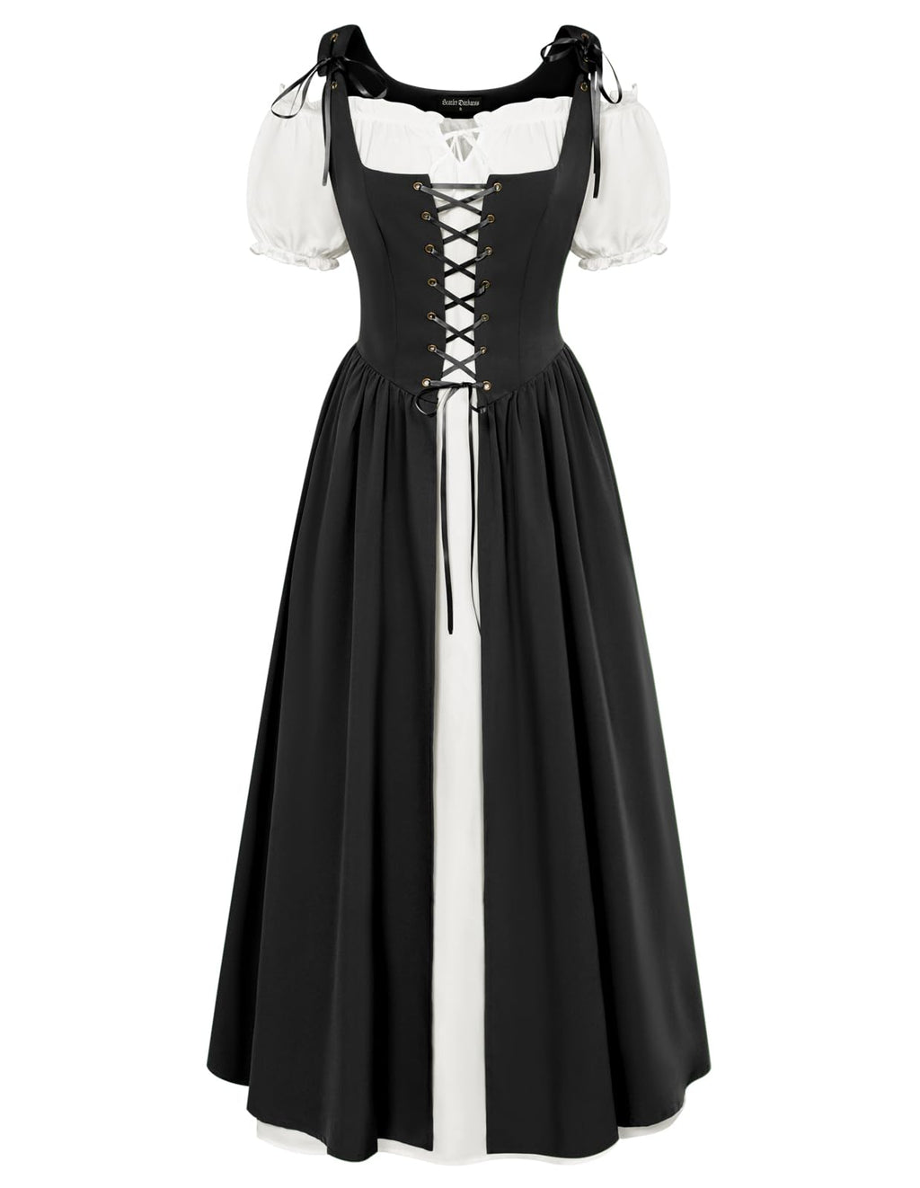 SCARLET DARKNESS Women 2Pcs Renaissance Maxi Dresses Off Shoulder Short Sleeve Lace-up Irish Costume with Over Dress