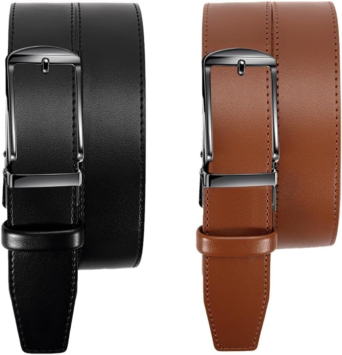 Mens Belt Leather Ratchet 1 3/8'' - 2 Packs Belt For Men Gift Dress and Casual with Adjustable Buckle, Trim to Fit