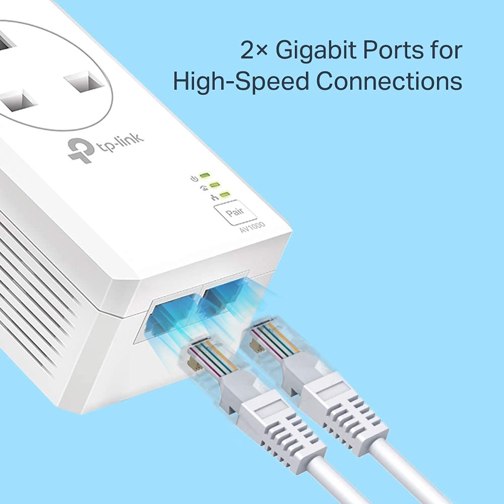 TP-Link TL-PA7017P KIT 1-Port Gigabit Passthrough Powerline Starter Kit, Data transfer speed Up To 1000 Mbps, Ideal for HD/3D/4K video streaming UK Plug (Renewed)