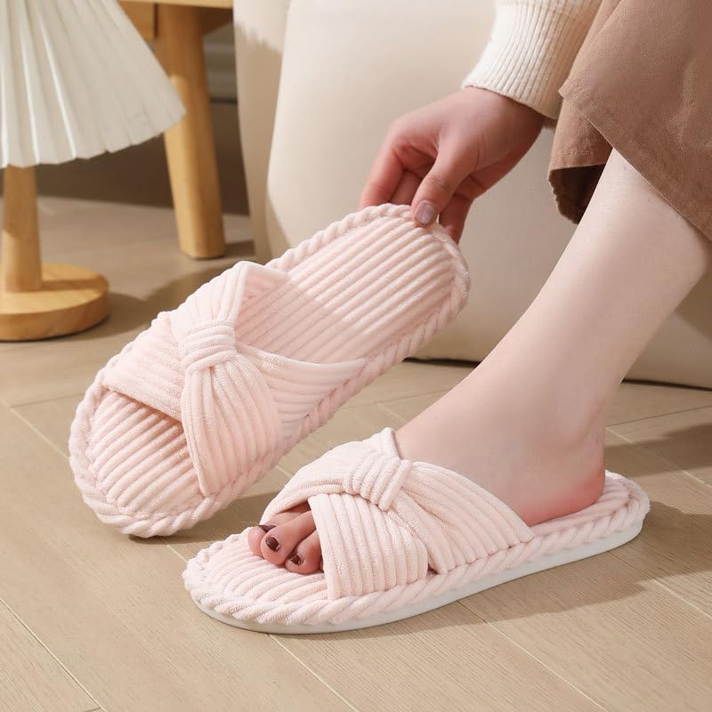 Comfortable Slippers for Women Winter Womens Slide Slipper Shoes Open Toe Corduroy Bow Crossbands for House Bedroom Indoor