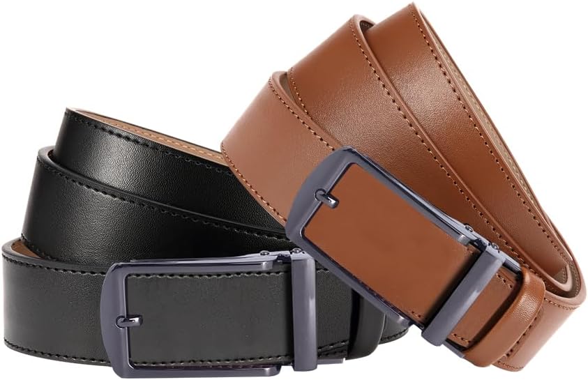 Mens Belt Leather Ratchet 1 3/8'' - 2 Packs Belt For Men Gift Dress and Casual with Adjustable Buckle, Trim to Fit
