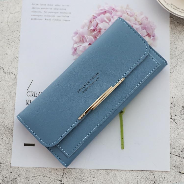 Leather Wallet for Women Slim Designer Trifold Ladies Credit Card Holder, Blue, Compact, Casual Coin Purse