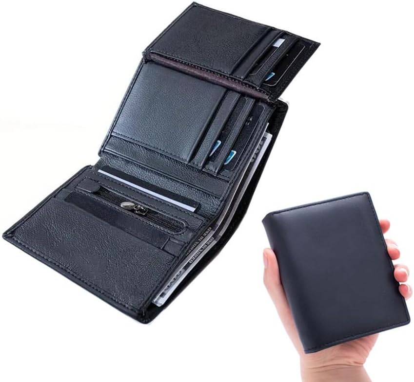Real Leather Mens Trifold Wallet with RFID Blocking, Multiple Card Slots & ID Window, Zipper Coin Pocket for Secure Daily Commute and Travel, Black