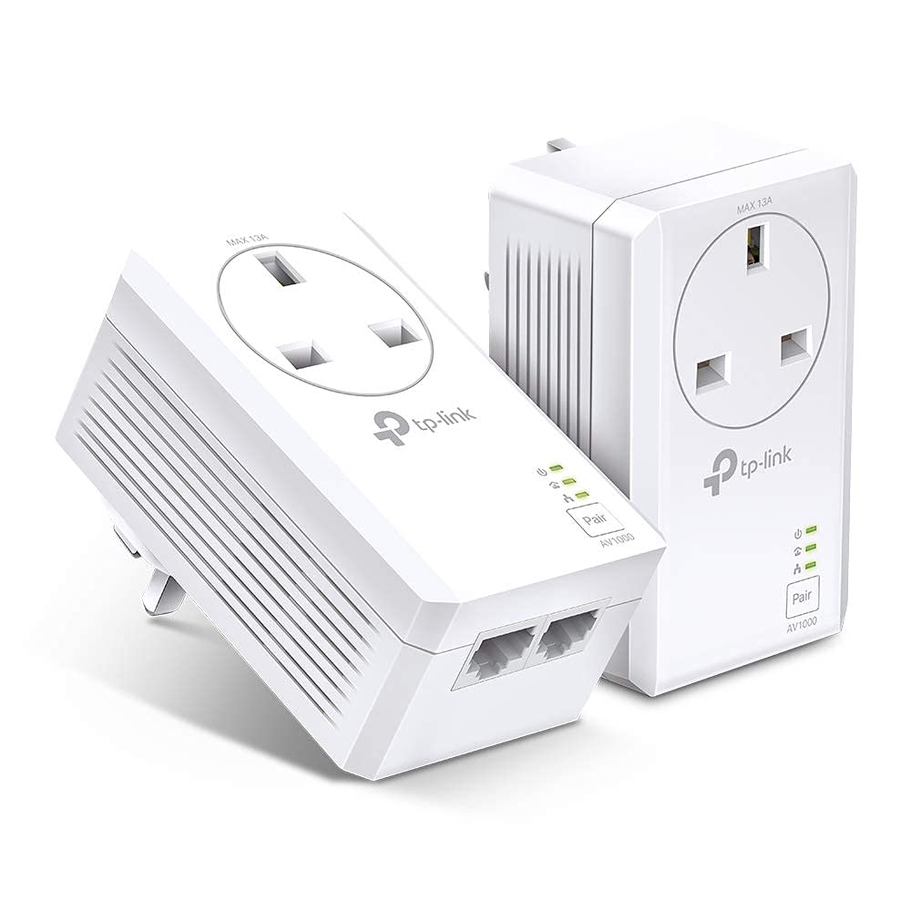 TP-Link TL-PA7017P KIT 1-Port Gigabit Passthrough Powerline Starter Kit, Data transfer speed Up To 1000 Mbps, Ideal for HD/3D/4K video streaming UK Plug (Renewed)