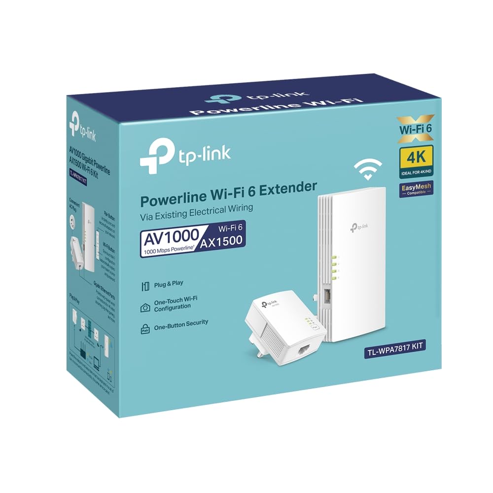 TP-Link TL-PA7017P KIT 1-Port Gigabit Passthrough Powerline Starter Kit, Data transfer speed Up To 1000 Mbps, Ideal for HD/3D/4K video streaming UK Plug (Renewed)