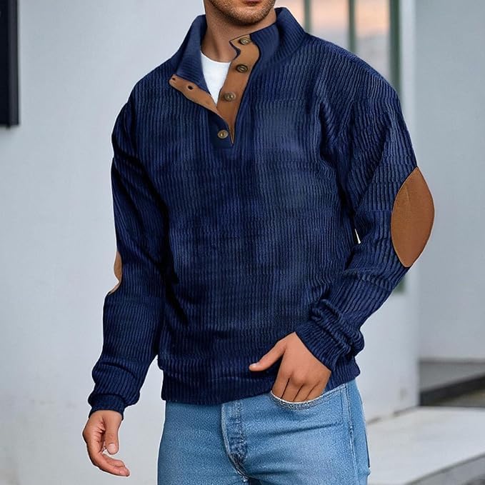 Retro Colorblock Knitted Ribbed Sweater, Neutral Tones,Men's Casual Warm Stand Collar Pullover Sweater for Fall Winter,Blue