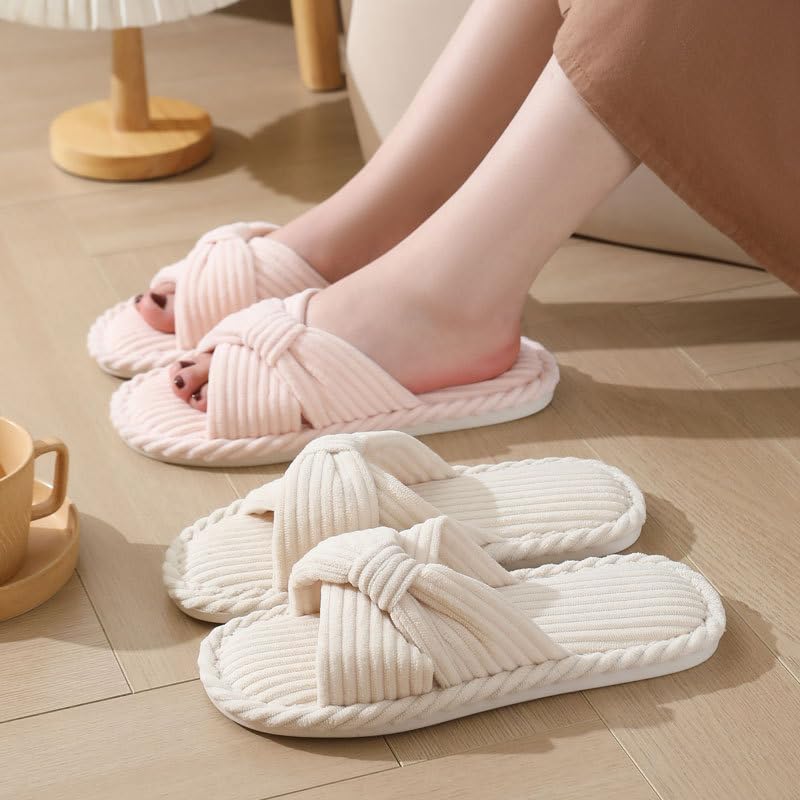 Comfortable Slippers for Women Winter Womens Slide Slipper Shoes Open Toe Corduroy Bow Crossbands for House Bedroom Indoor