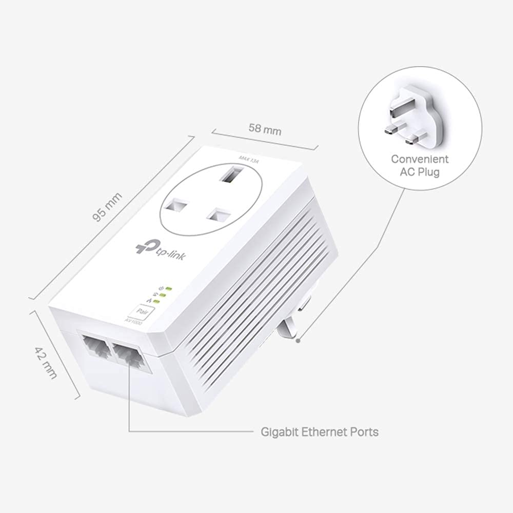 TP-Link TL-PA7017P KIT 1-Port Gigabit Passthrough Powerline Starter Kit, Data transfer speed Up To 1000 Mbps, Ideal for HD/3D/4K video streaming UK Plug (Renewed)